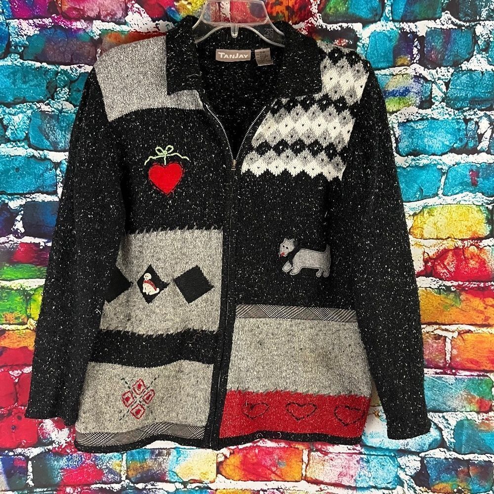 TANJAY Full Zip Dog Theme Cardigan Sweater Size Small